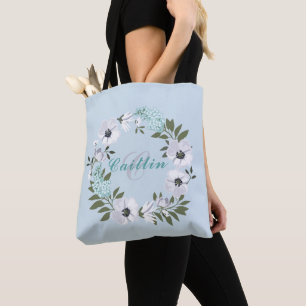 Tote Bag Design floral noir, blanc et Turquoise 1 monogramm