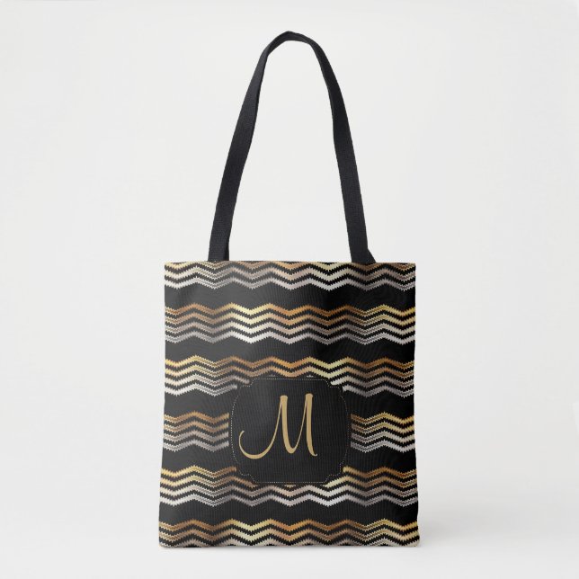 Tote Bag Design Gold et Black Ikat Chevron (Devant)