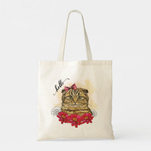 Tote Bag Dessin à la main chat plié écossais avec fleurs ro