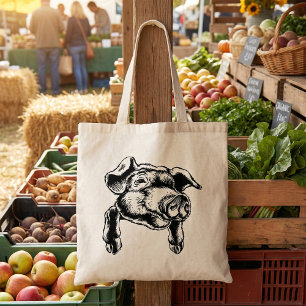 Tote Bag Dessin d'animal de ferme tête de cochon en noir et