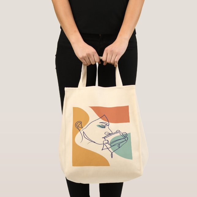 Tote Bag dessin d'art affiche d'une femme buvant du café (Devant (produit))