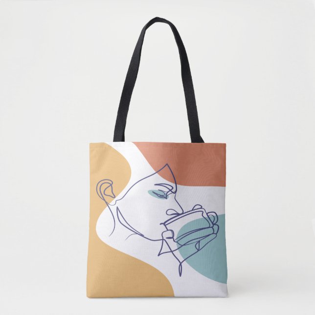 Tote Bag dessin d'art affiche d'une femme buvant du café (Devant)