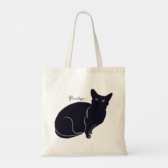 Tote Bag Dessin de chat, chat noir aux yeux verts (Dos)