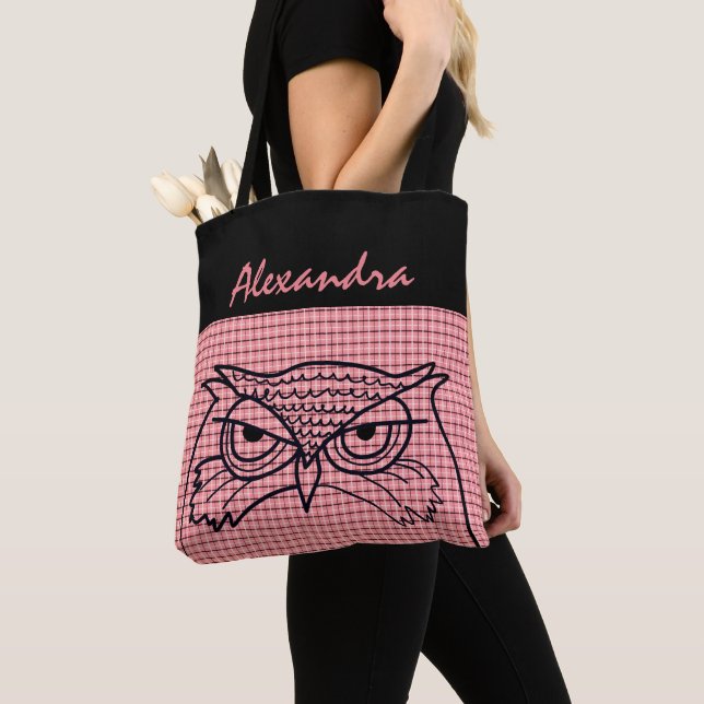 Tote Bag Dessin d'oiseau Cool Tartan rose moderne Monogramm (De près)