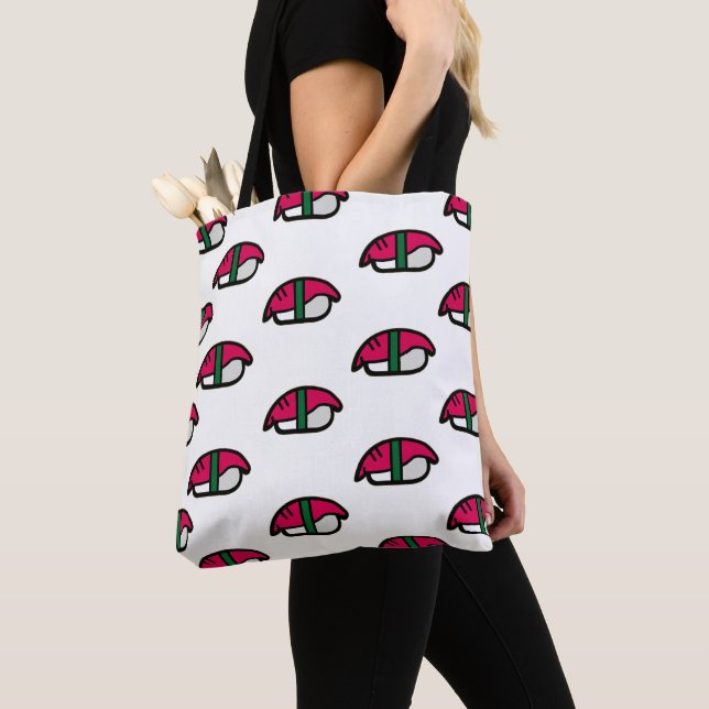 Tote Bag Dessin Kawaii Sushi, Riz de Poisson et Algues (De près)