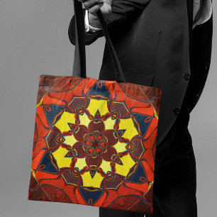 Tote Bag Dessin Mandala Fleur jaune orange et bleu