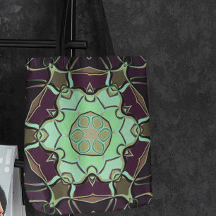 Tote Bag Dessin Mandala Flower vert violet et noir