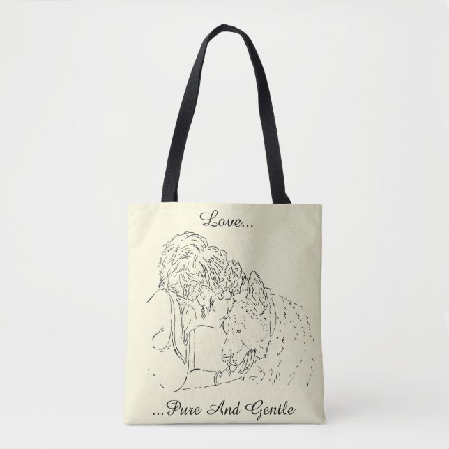 Tote Bag dessin original d'une fille embrassant un chien (Devant)