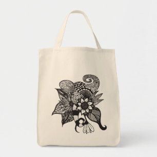 Tote Bag Dessins floraux de main d'embrouillement noir et