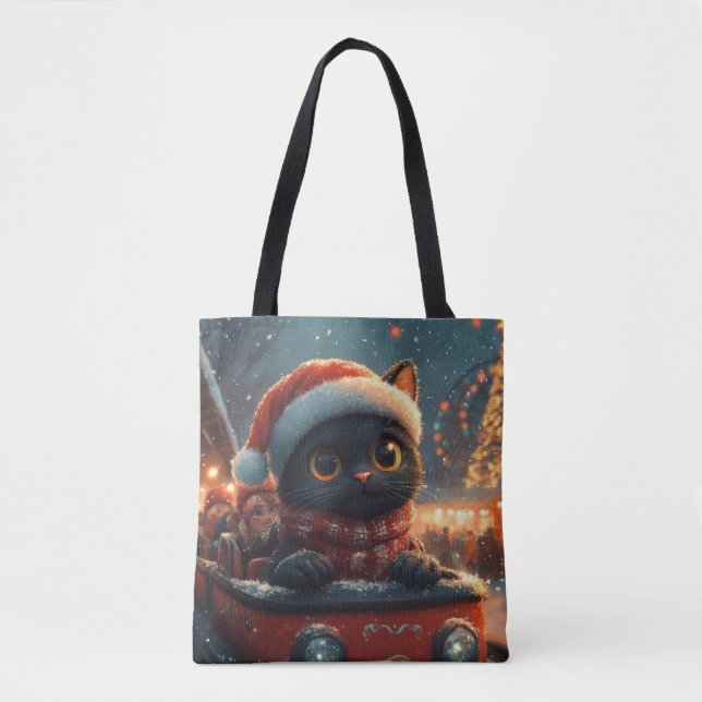 Tote Bag Dessous de verre noir à rouleaux de chat Noël (Devant)