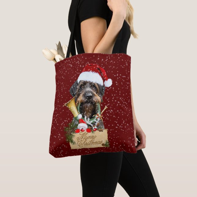 Tote Bag Deutsch Drahthaar, Joyeux Noël ! Bouton magnétique (De près)