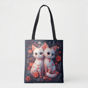 Tote Bag Deux chatons blancs et fleurs