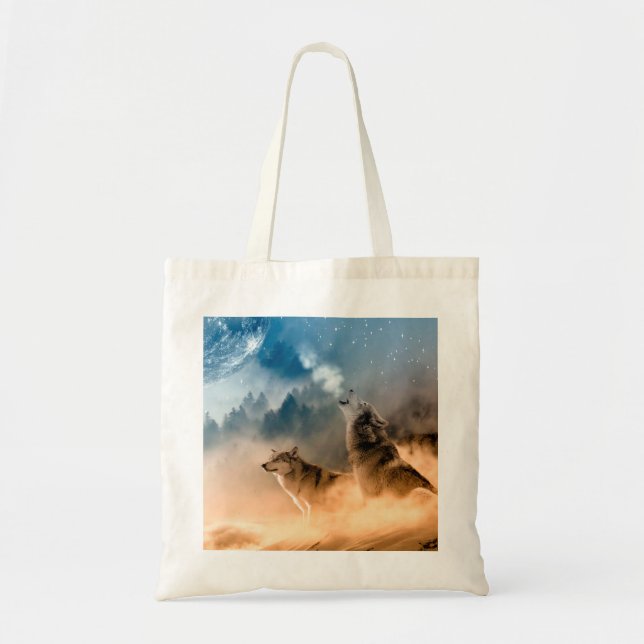Tote Bag Deux loups hurlent à la pleine lune dans la forêt (Devant)