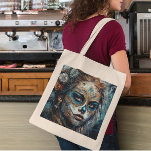 Tote Bag Dia de los Muertos visage turquoise peint