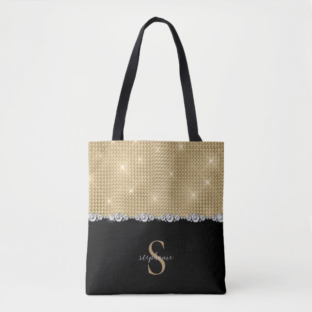 Tote Bag Diamants Monogramme Or Luxe Noir Sophistiqué (Devant)