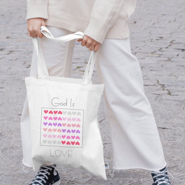 Tote Bag Dieu est amour Coeurs roses Saint Valentin (Bible Verse on Natural Canvas Tote Bag.)