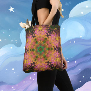 Tote Bag Digital Mandala rose jaune et vert