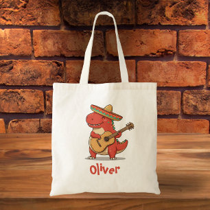 Tote Bag Dinosaure rouge Fiesta avec sombrero et guitare