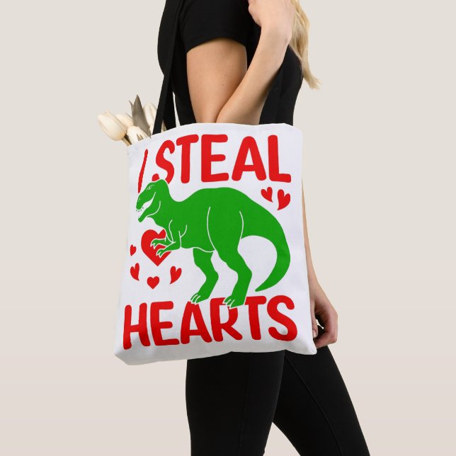 Tote Bag Dinosaure Vert Valentine I Voler Coeurs (De près)