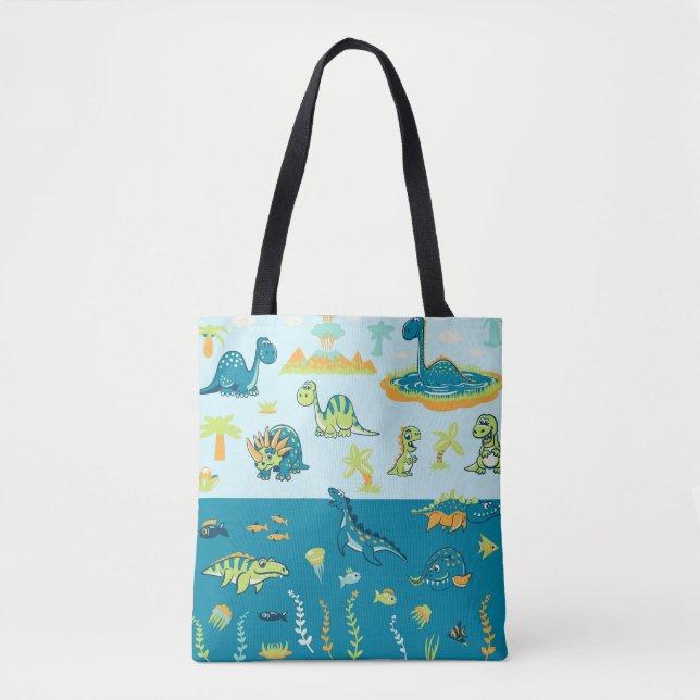 Tote Bag Dinosaures de dessin : Jeu de terre et de mer (Devant)