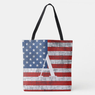Tote Bag Distorsion du drapeau américain 4 juillet initial