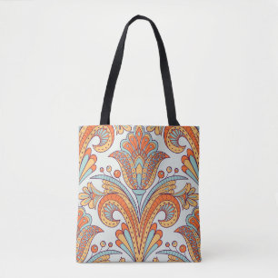 Tote Bag Dodle floral damask, folk sans couture motif.