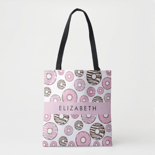 Tote Bag Donuts Roses, Donuts Blancs, Sprinkings, Votre Nom (Devant)