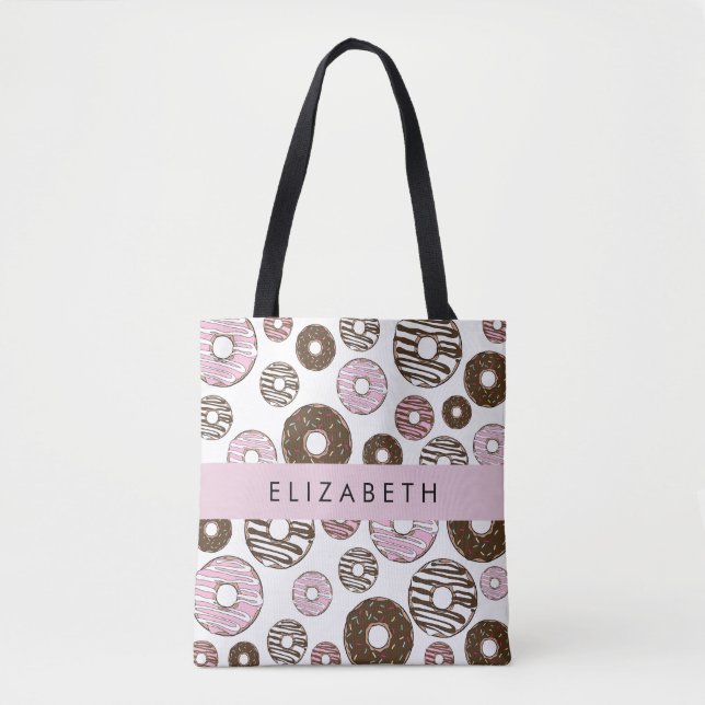 Tote Bag Donuts Roses, Donuts Brown, Sprinkings, Votre Nom (Devant)