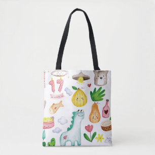Tote Bag Doodle aquarelle kawaii, prêt pour autocollant.