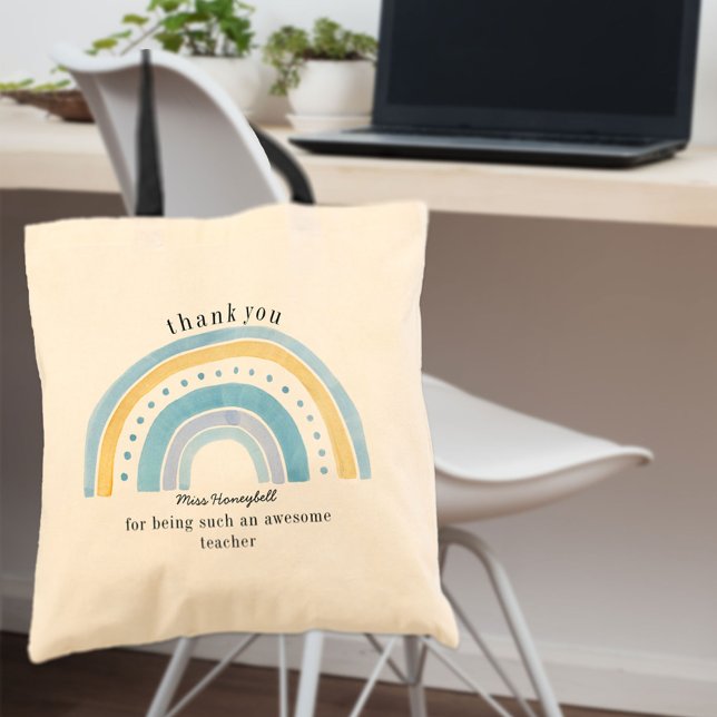 Tote Bag Doodle Blue Rainbow Cute enseignant Merci (Créateur téléchargé)