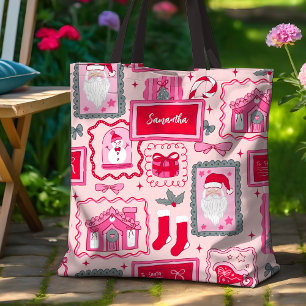 Tote Bag Doodle coquette dessiné à la main rose Noël