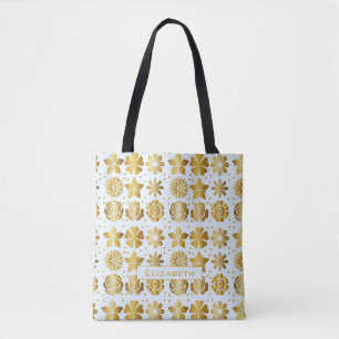 Tote Bag Doodle motif floral doré nom personnalisé