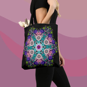 Tote Bag Dot Mandala Flower bleu vert et rose