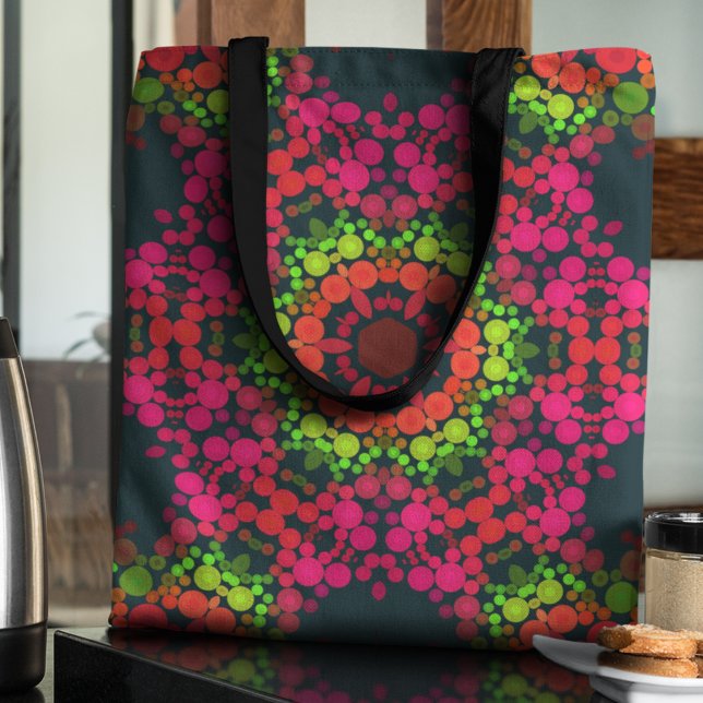 Tote Bag Dot Mandala Flower rose vert et orange (Créateur téléchargé)