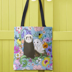 Tote Bag Douce Paire de Furets Floraux Bleus Fantaisistes 