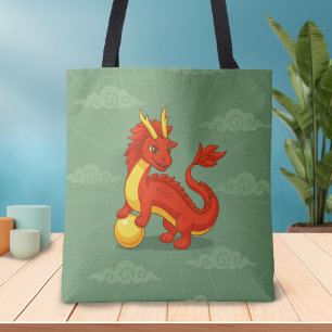 Tote Bag Dragon Chinois Rouge sur Fond Vert