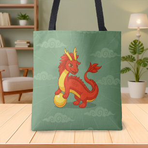 Tote Bag Dragon Chinois Rouge sur Fond Vert