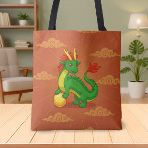 Tote Bag Dragon Chinois Vert sur Fond Rouge