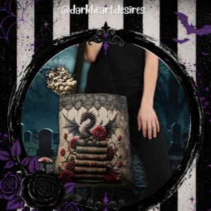 Tote Bag Dragon sur pile de livres avec roses