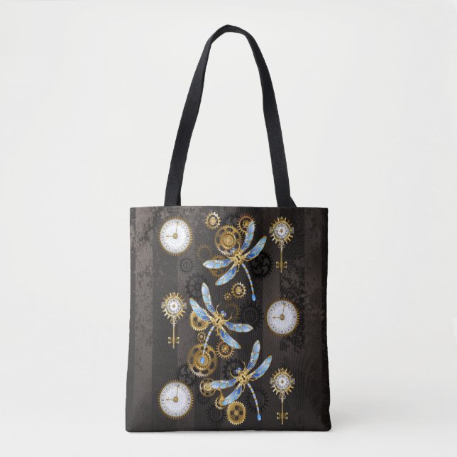 Tote Bag Dragonflies de Steampunk sur arrière - plan rayé b (Devant)