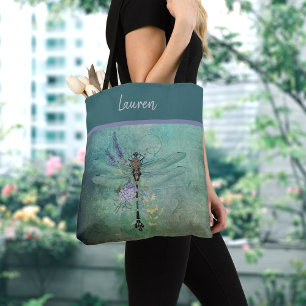 Tote Bag Dragonfly Vintage personnalisée avec Fleurs Fourre