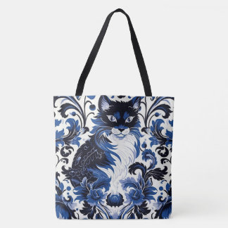 Tote Bag Dramatic Blue Art Deco Cat Large Shoulder Tote