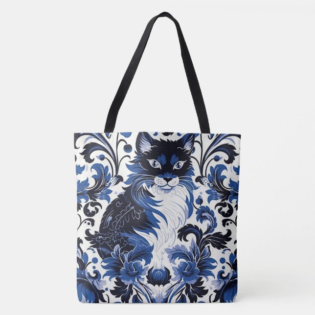 Tote Bag Dramatic Blue Art Deco Cat Large Shoulder Tote (Devant)