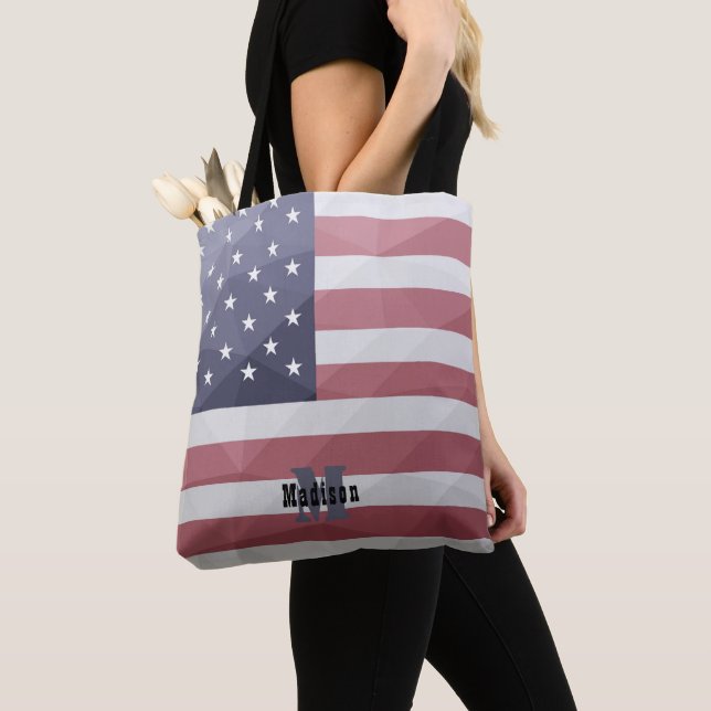 Tote Bag Drapeau américain Rouge Blanc Bleu Maillon géométr (De près)