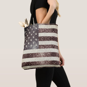 Tote Bag Drapeau américain rouge rustique or bleu scintilla