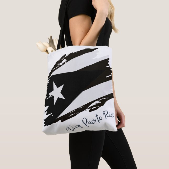 Tote Bag Drapeau noir et blanc Viva Porto Rico (De près)