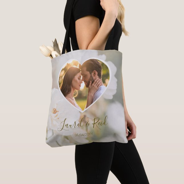 Tote Bag Dreamy White Rose Personnalisé Noms de Mariage pho (De près)