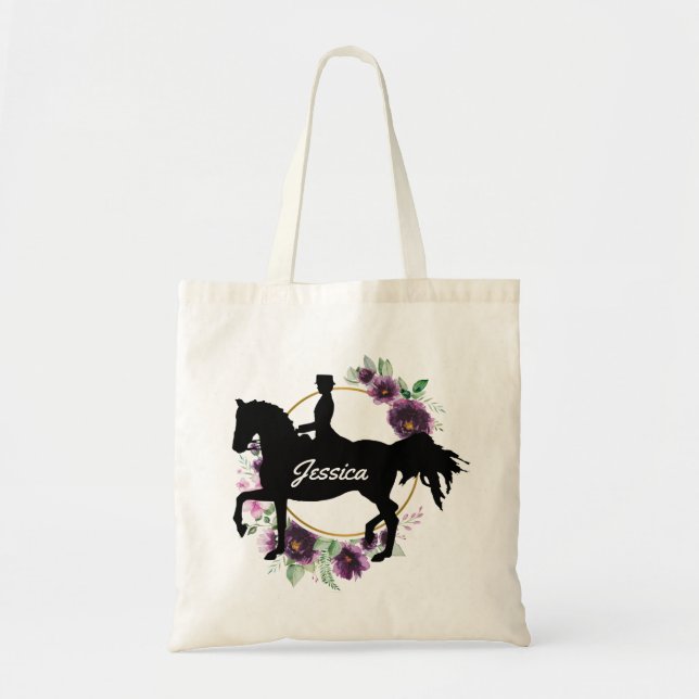 Tote Bag Dressage personnalisé Cheval équitation Nom floral (Devant)