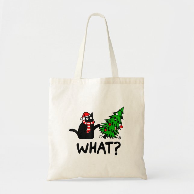 Tote Bag Drôle cadeau de chat noir Poussant l'arbre de Noël (Devant)