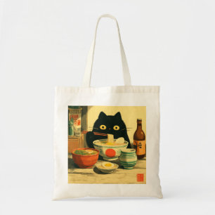 Tote Bag Drôle chat noir manger Ramen   Vintage japonais